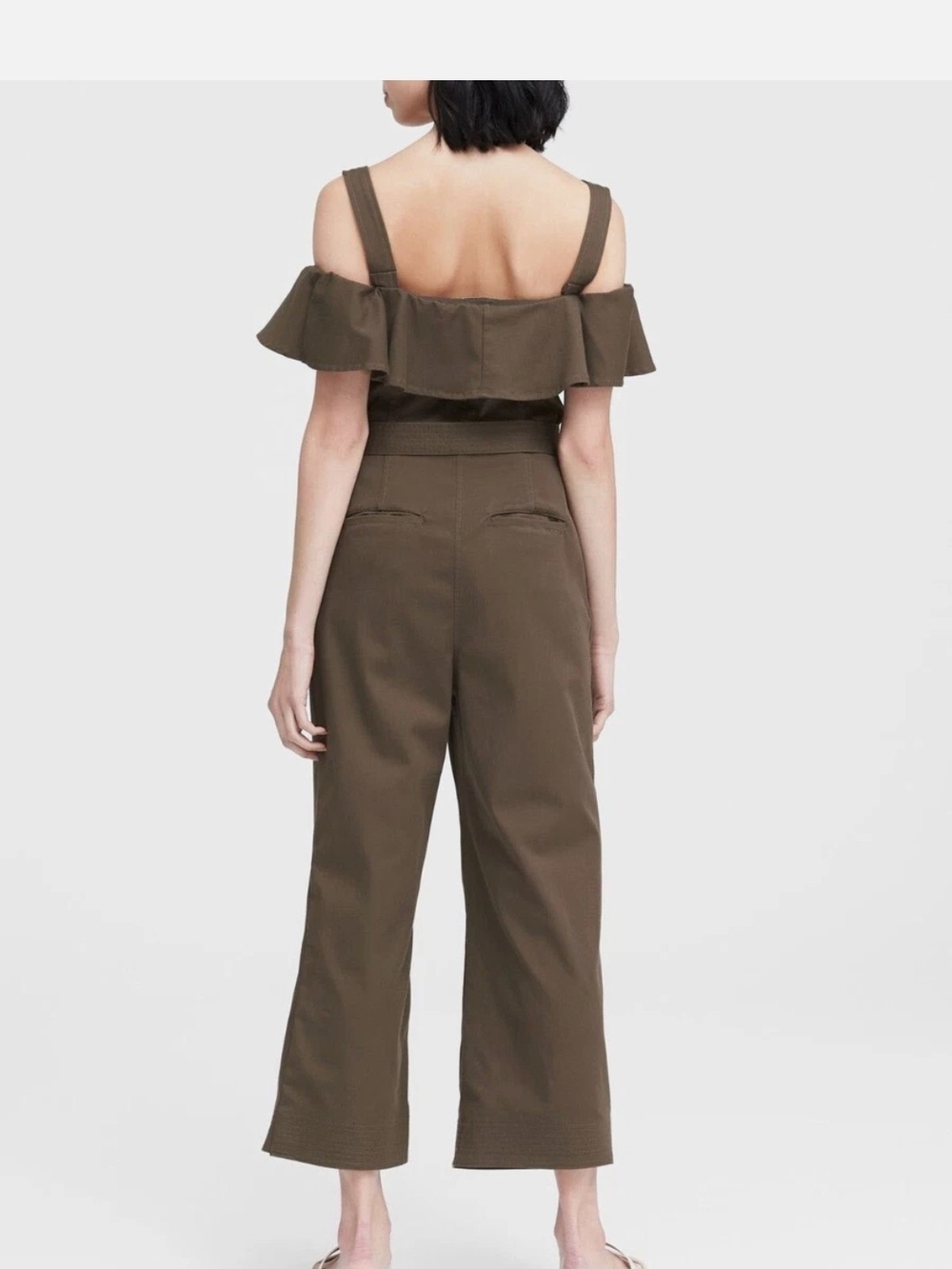 Banana Republic NWOT Olive Off-Shoulder Ruffle Jumpsuit with Tie Waist  Size 4 - Picture 2 of 14
